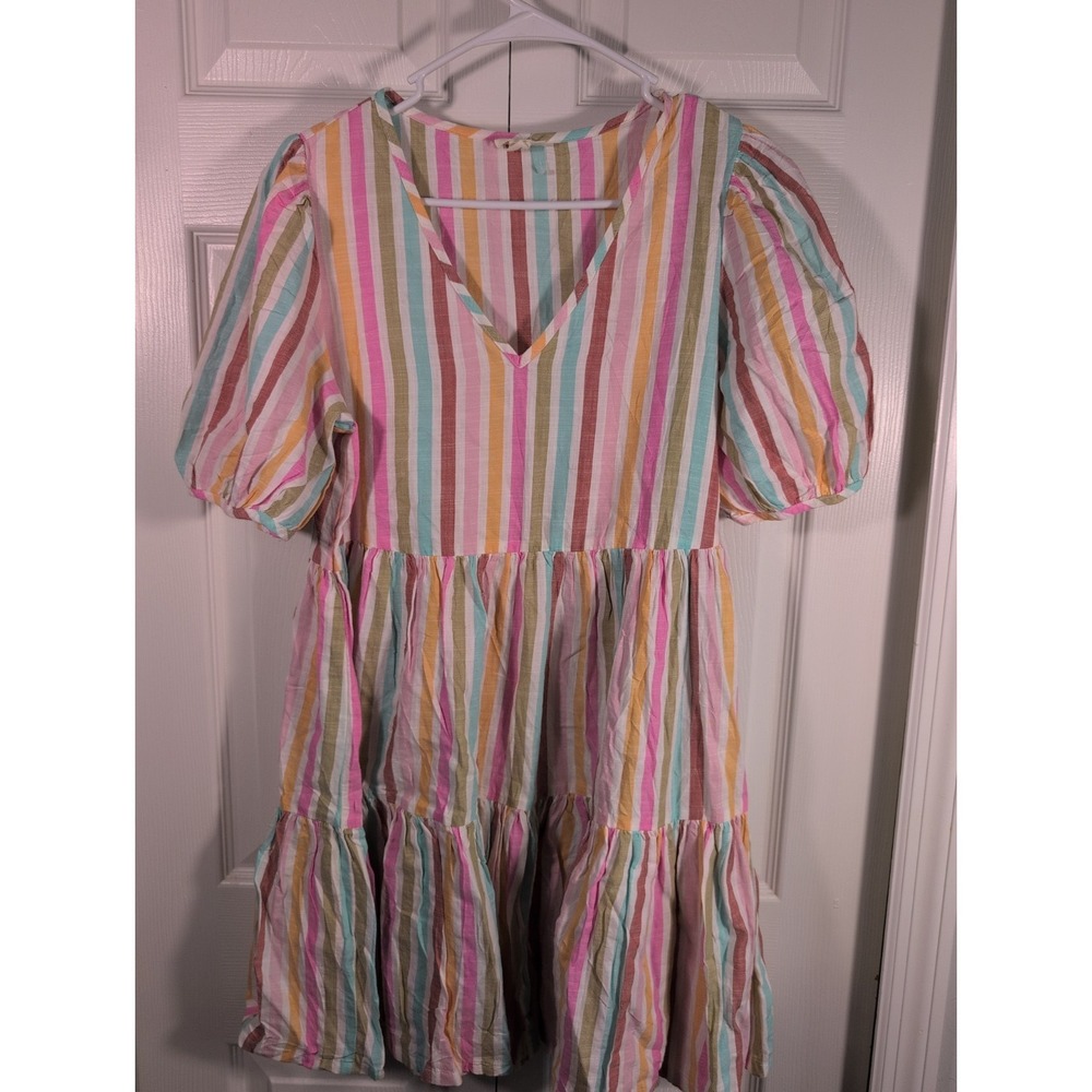 Ana Brand Multicolored Stripe‎ Babydoll Dress with Puff Sleeves Women Size S